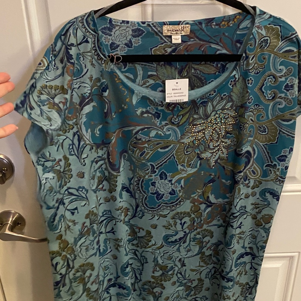 ONE WORLD Teal Paisley Short Sleeve Blouse with Beaded Detail